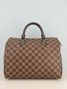 Pre-owned Damier Ebene coated canvas with chocolate leather trim Clutches & Wristlets Louis Vuitton Damier Canvas Speedy 30 Bag【CT4175】