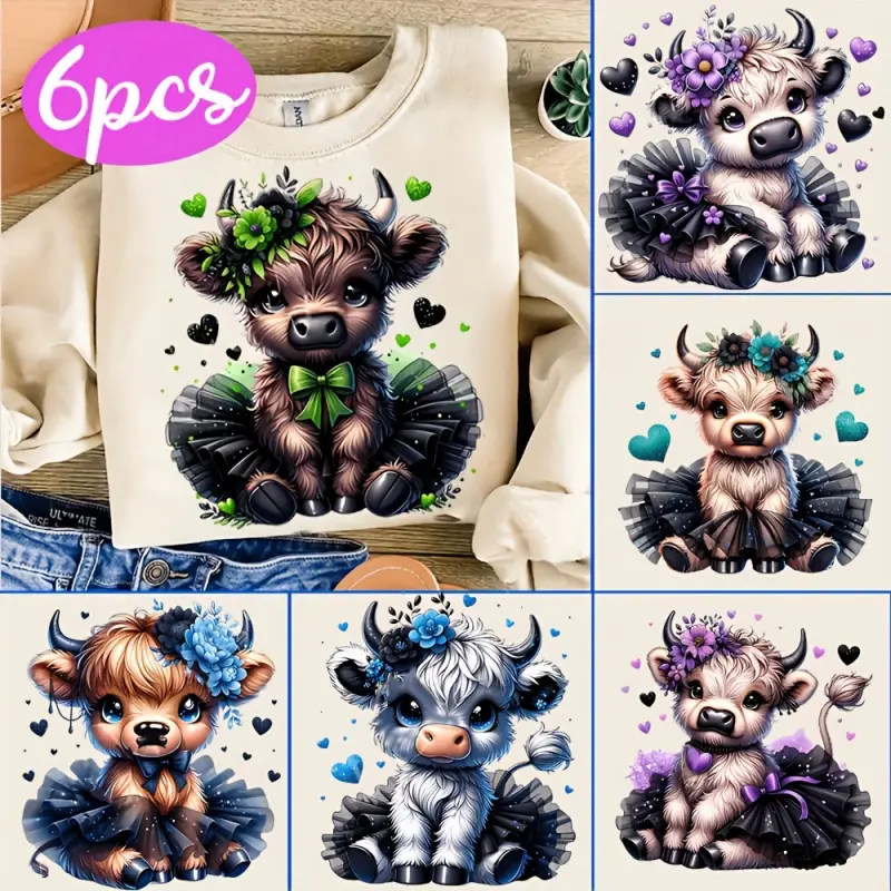 6 Pack High-Land Cow Princess Dress Pattern Heat Transfer Vinyl Stickers T Shirt DIY Foil Design Crafts Art DIY Craft Supplies for Clothing Enthusiasts Printing Decals Multicolor DIY Material