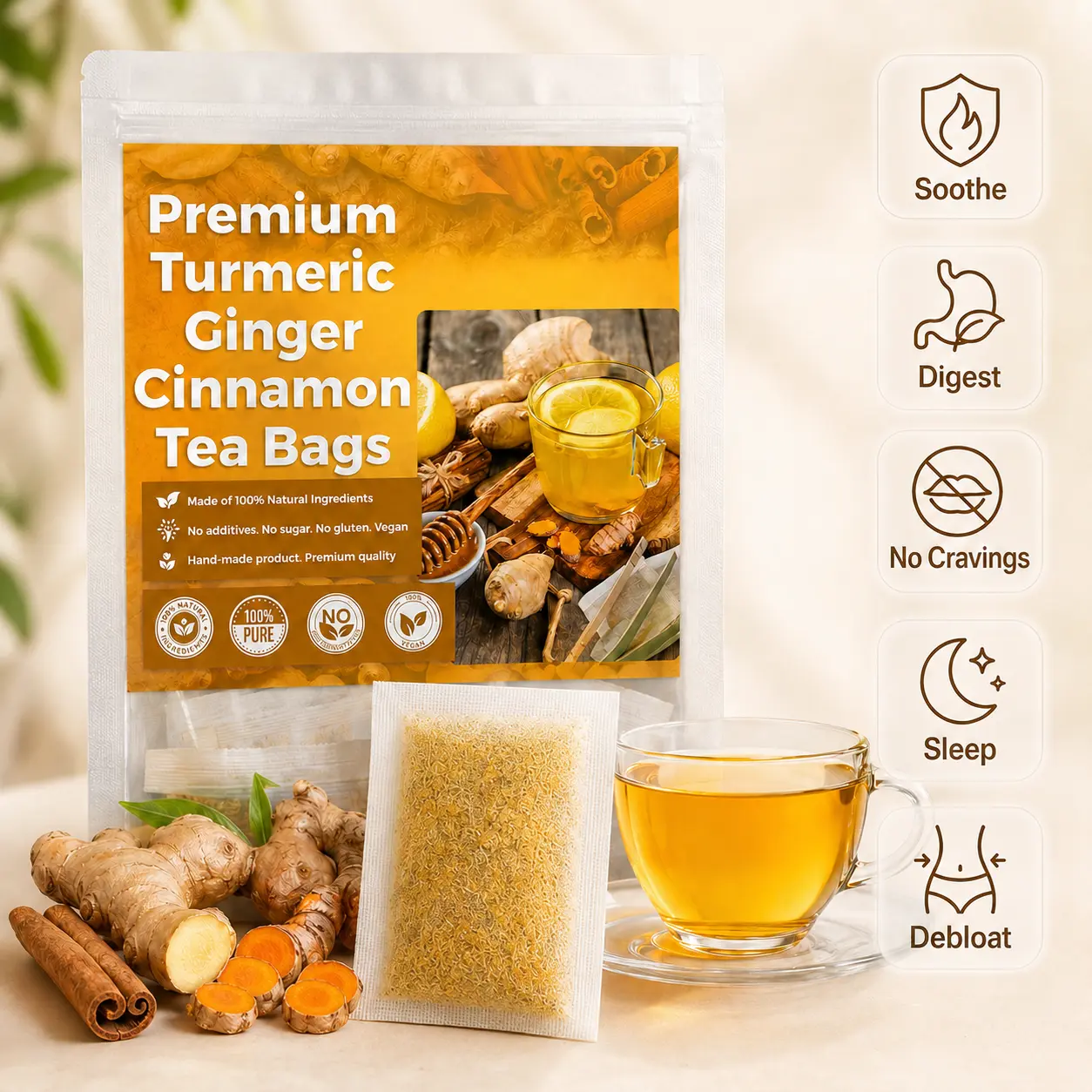 Turmeric Ginger Cinnamon Tea - 100% handmade,Eco-conscious Bags|No Sugar,No Caffeine,No Gluten,Vegan Turmeric Ginger Cinnamon Tea - 100% handmade,Eco-conscious Bags|No Sugar,No Caffeine,No Gluten,Vegan