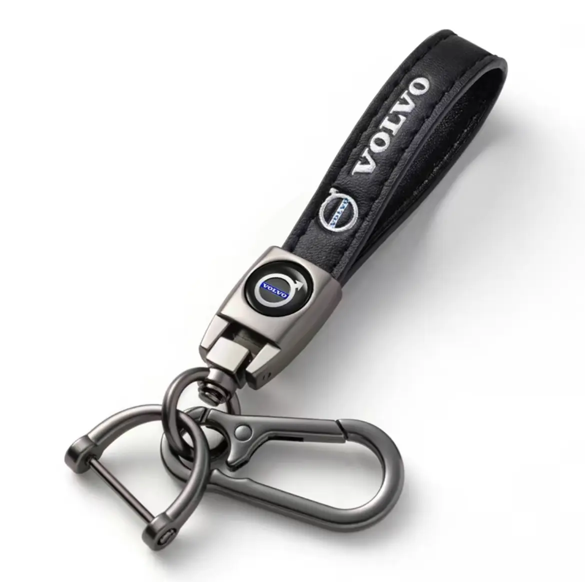 Genuine leather car key fob featuring a 360° rotating design, a detachable clasp, and a D-ring; includes a lanyard attachment—an ideal gift for men and women, and a great choice for Volvo owners.