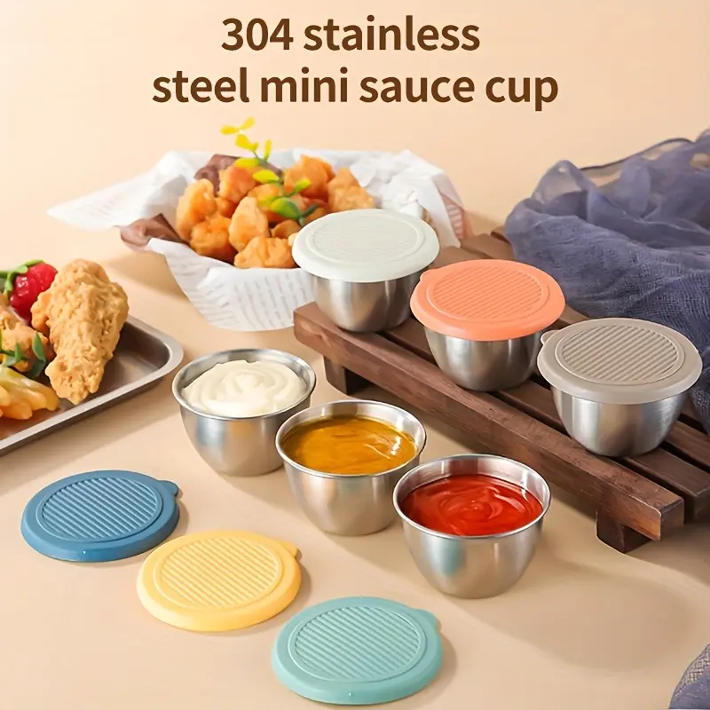 6pcs Stainless Steel Dipping Sauce Bowls with Lids, 2.7oz Condiment Cups, Snack Bowl, Sealed Covers, Durable Kitchenware, Perfect for Deli Platters, Parties, Kitchen & Restaurant