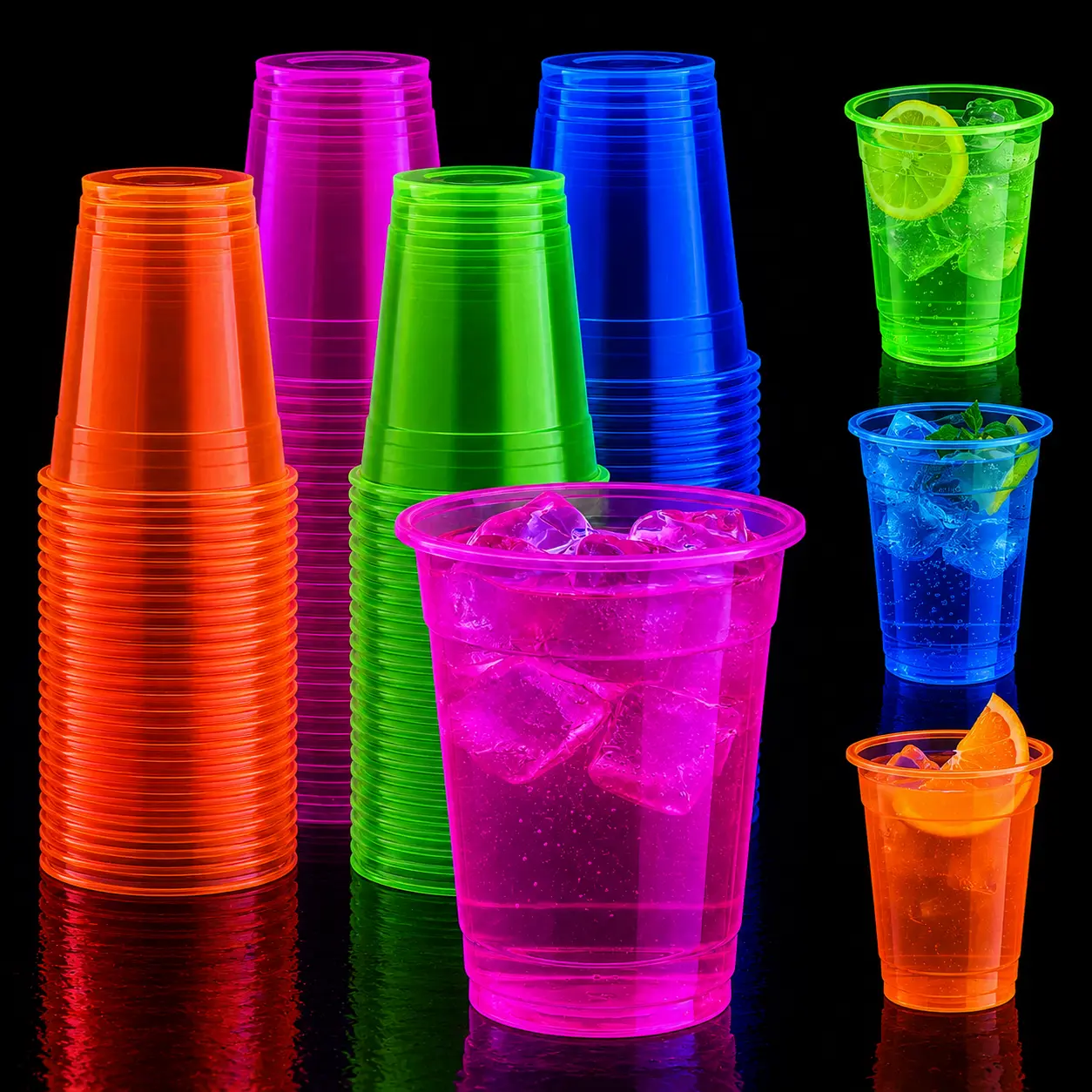 100pc 12oz/16oz Disposable Bulk Case Blacklight Plastic Cups | Neon Cups for Cold Drinks, Juices | Restaurant Supply Party Disposable Glow In The Dark