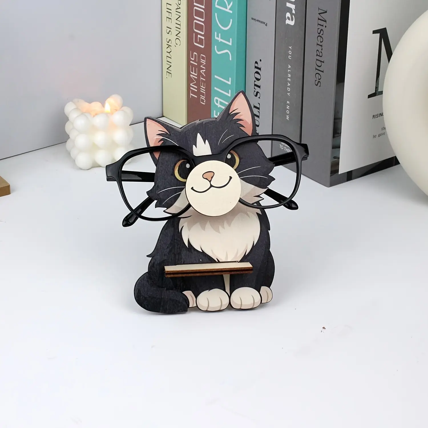 Fun Wooden Cat-Shaped Animal Eyeglass Holder, Creative Cute Ornament Glasses Display Stand, Office Desk Decor, Birthday Gift Idea