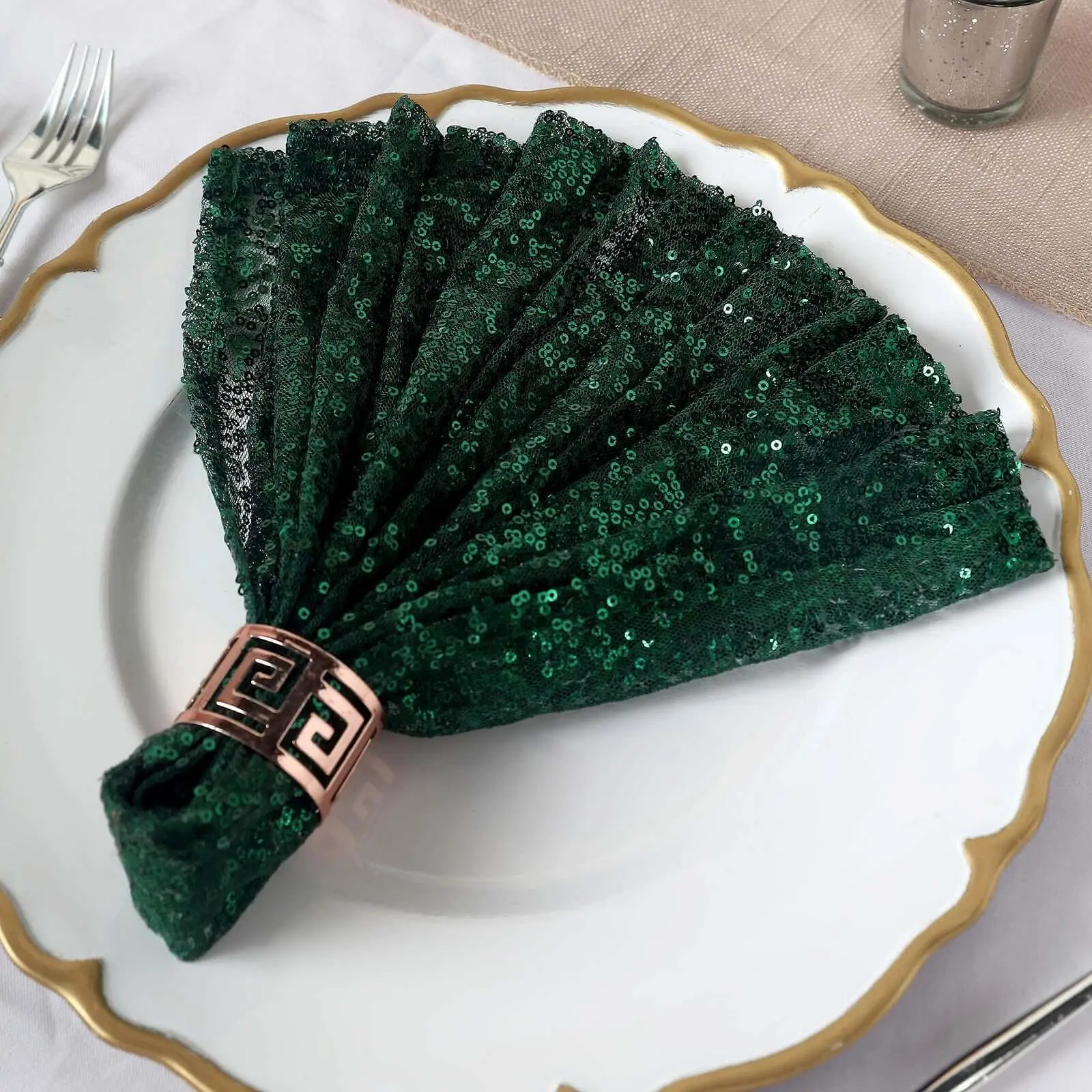 Hunter Emerald Green Sequin Square Decorative Napkin, 20"x20" Reusable Fabric Napkin for Banquet, Wedding Cocktail Tableware, Decorative Napkins, Wedding Cocktail Napkins