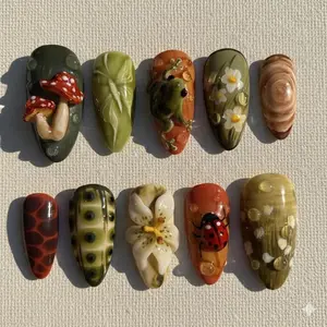 Forestcore Dream Press-On Nails, 3D Frog & Mushroom Art, Cottagecore Nail, Spring Gift, New Year Gift