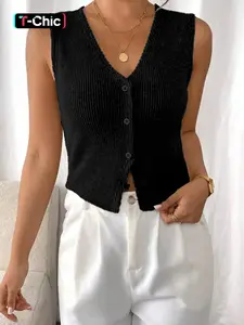 Women's Solid Button Design V Neck Vest, Knitted Tank Vest, Casual Sleeveless Top for Daily Wear, Ladies Clothes for Summer, Casual Sleeveless Outerwear