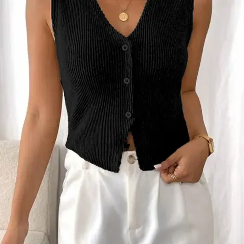 Women's Solid Button Design V Neck Vest, Knitted Tank Vest, Casual Sleeveless Top for Daily Wear, Ladies Clothes for Summer, Casual Sleeveless Outerwear, Summer Sleeveless Womenswear