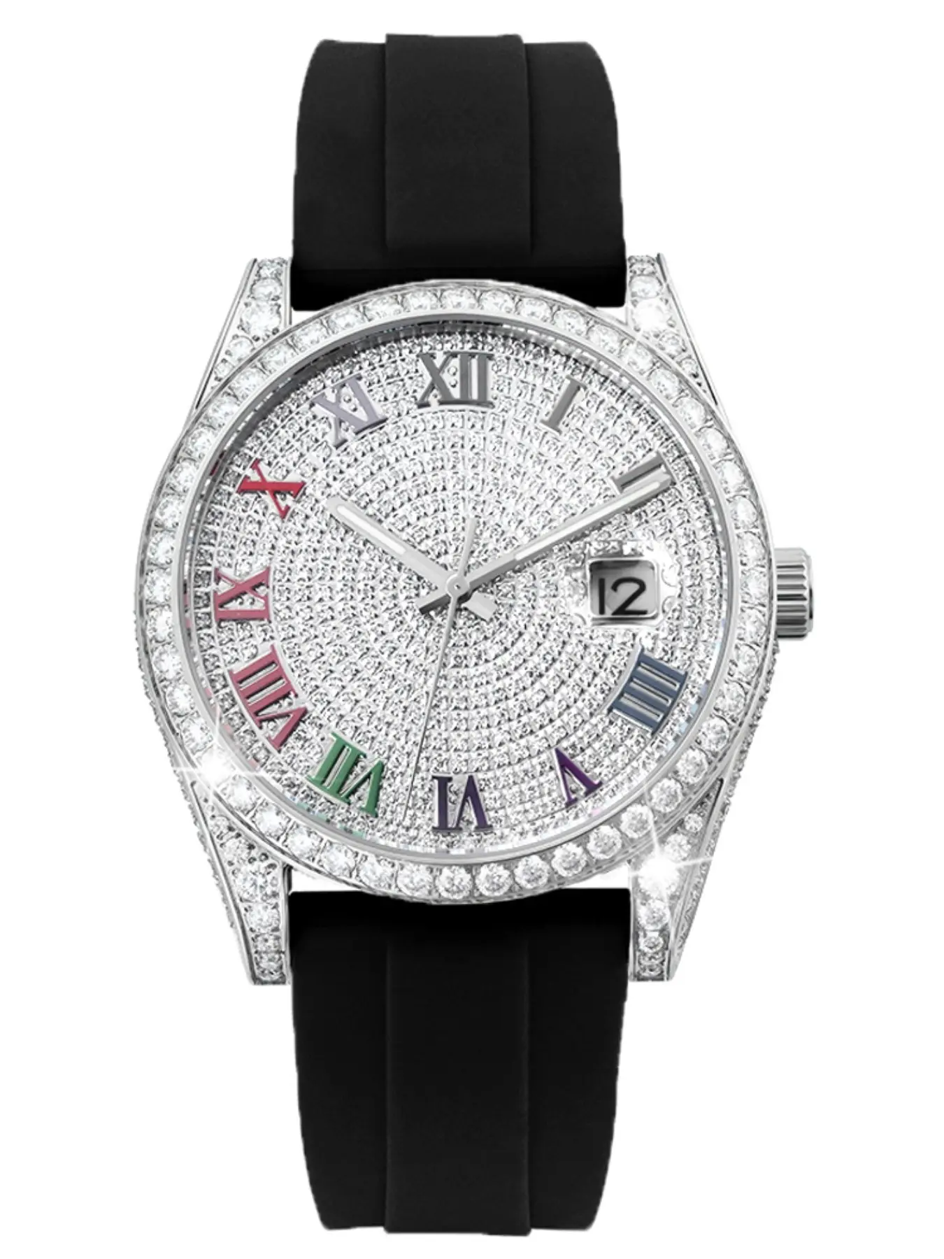 Luxury Fashion Moissanite Automatic Mechanical Watch, Silicone Strap, Stainless Steel Case, Sapphire Glass, Silver Color, Men's Wristwatch, All Seasons, Fashionable Wristwatch, Modern Wristwatch