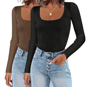 2-Piece Set Women's Tops Base Layer Sweaters Square Neckline Slim Fit High Stretch Elegant Casual Comfortable Long Sleeve Knitwear