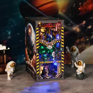 DIY Book Nook Kit, Miniature House Dollhouse Kit for Adult and Teens, Book Nook Kits for Adults, Booknook Bookend Alley Model Build with Dust Cover (Interstellar home) Block Figures