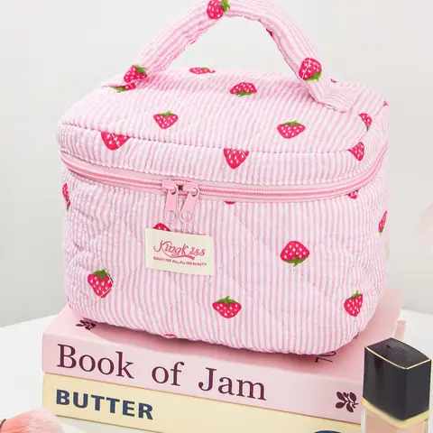 Strawberry Pattern Makeup Bag Set, Travel Cosmetic Bags, Makeup Organizer Pouch, Makeup Brush Storage Bag & Cosmetic Bag & Makeup Mirror, Portable Travel Makeup Bag, Storage Cosmetic Bag, Travel Makeup Bags Organizers, Cosmetics Accessories