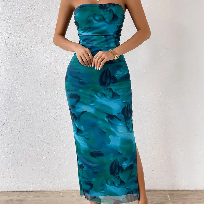 Spring Mesh Floral Strapless Bodycon Maxi Dress Ruched Tube Long Dresses with Slit