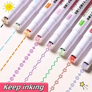 8-Color Dual-Tip Fluorescent Markers for Bullet Journaling, Featuring Patterned Roller Stamps And Curve Outline Pens.