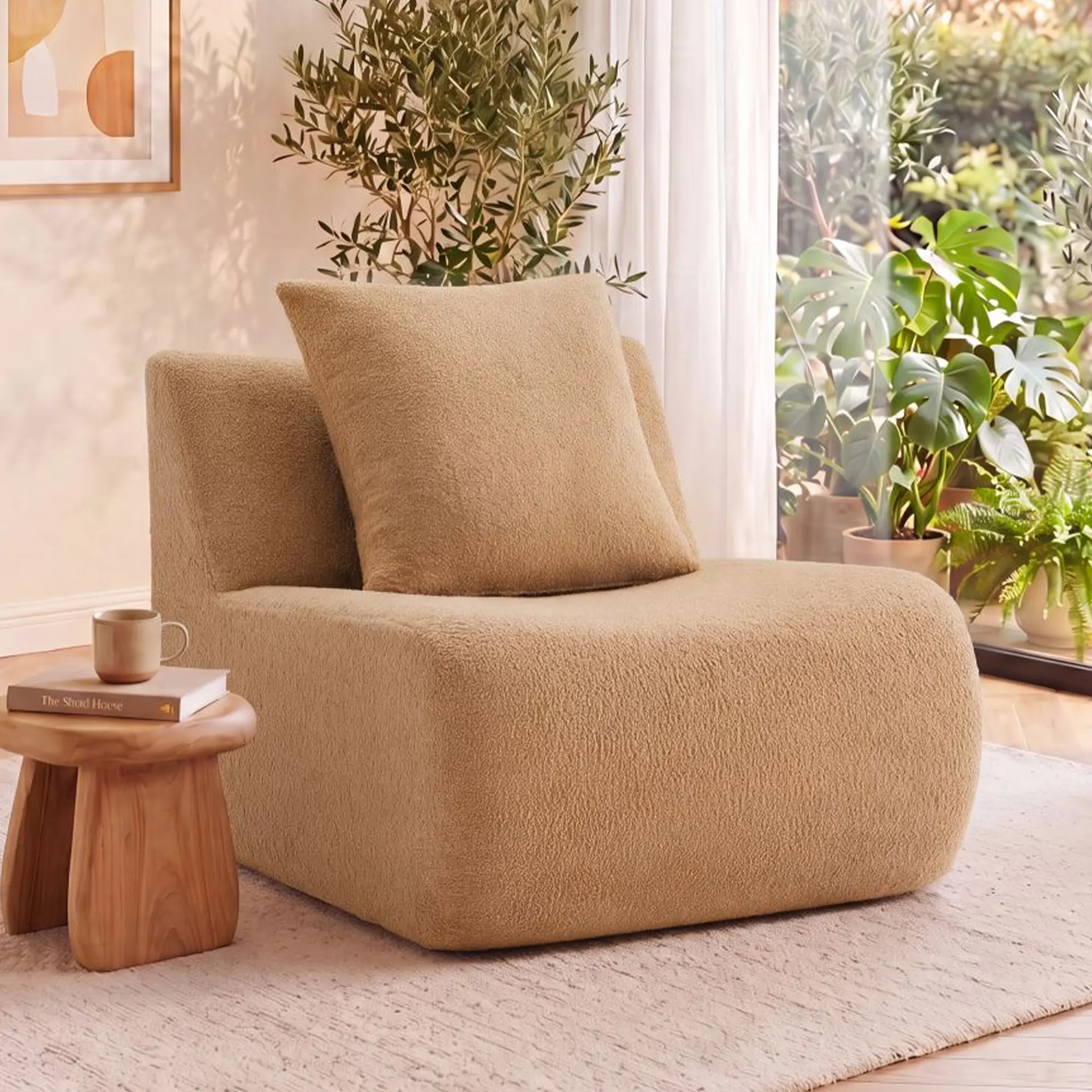 Armless Sofa with Pillow Teddy Fabric Couch for Living Room, Camel Single Sofa Chair with Soft Plush Upholstered Seat, Cozy Small Couch for Apartment, Compact Loveseat Alternative, 1-Pack, Living Room Furniture for Apartment, Lounge