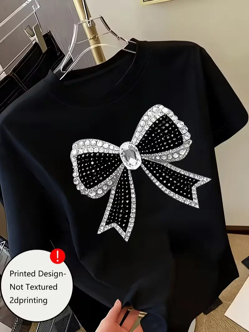 Women's Short Sleeve T-Shirt, Shiny Black and Silvery Sequin Bow Print Design, Women's Round Neck Short Sleeve T-Shirt, Casual Fashionable Trendy Top, Printed Design – Not Textured, 2D Printing