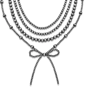 4pcs Western Navajo Pearl Stackble Necklace Jewelry For Women Beaded Chain Bow Pendant Boho Handmade Long Layered Country Concert Necklace Set