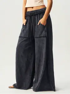 BOHO Ladies' Casual Knitted Patchwork Color Loose Wide-Leg Washed Pants