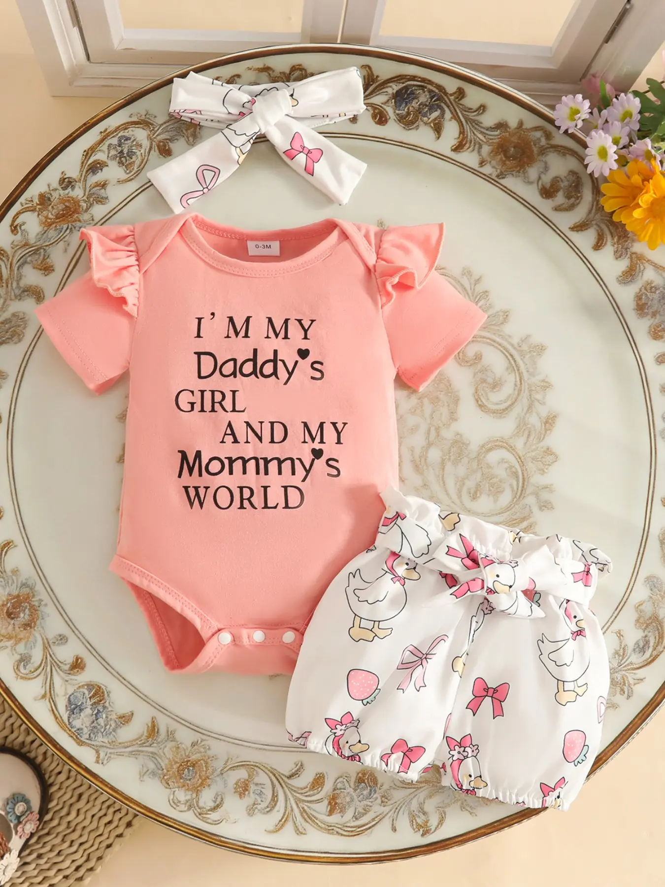 Summer Baby Girl 3-Piece Set, Cute Short Sleeve Letter Tri-Blend Romper, Floral Waistband Shorts, Headband, Ages 0-1 Year, Baby Clothing