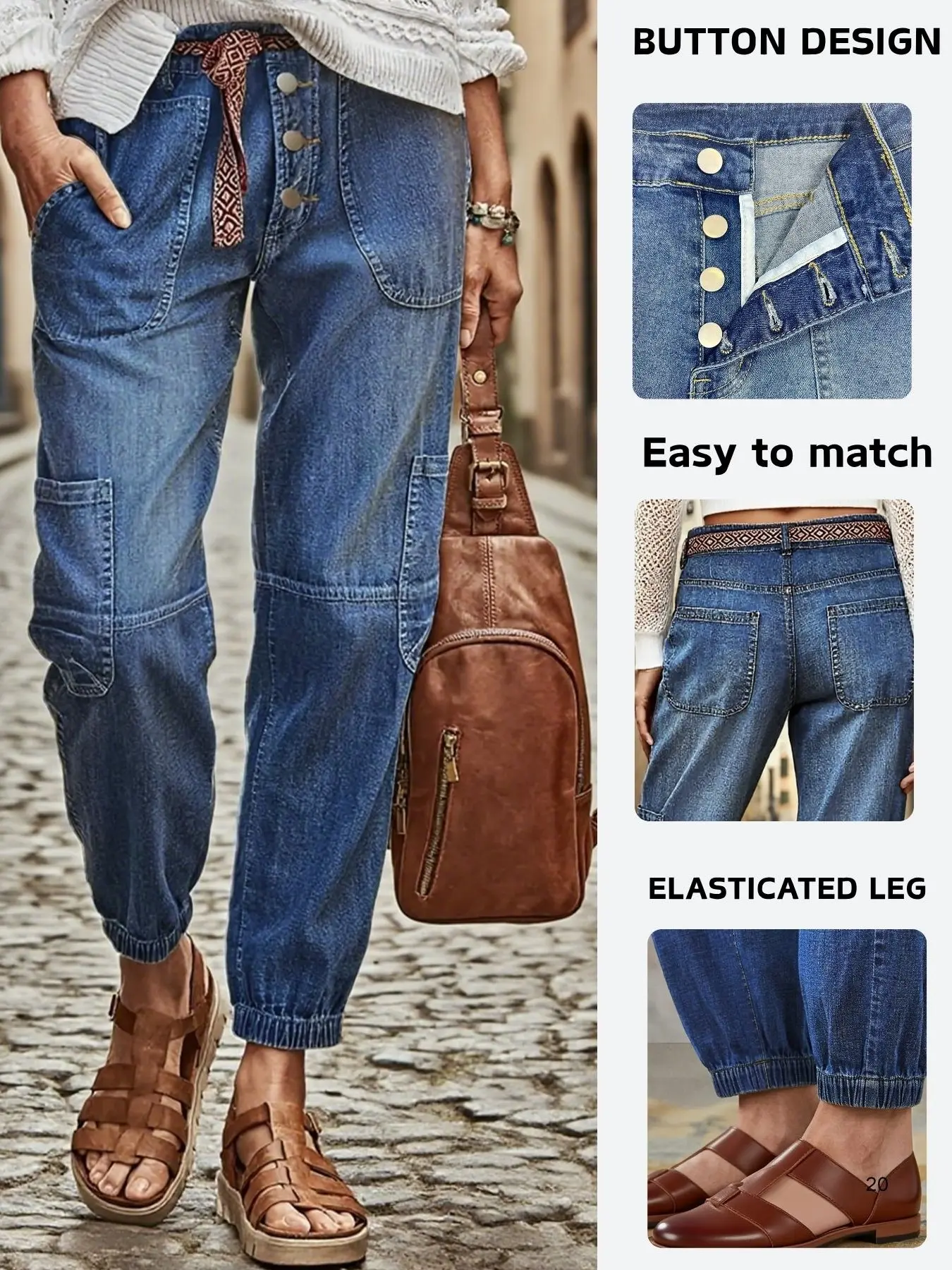 New Women's Straight Leg Button Multi-Pocket Mid-Waist Basic Denim Jeans, Casual Elastic Hem Workwear Long Pants, No Belt Included, Bottom
