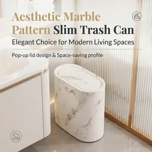Oval-shaped faux marble flip-top trash can, luxurious sealed lid trash can, suitable for modern high-end bathrooms decorate.