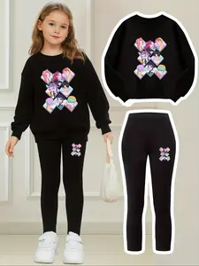 K-Pop Ballerina Cappuccino Print Hoodie Set for Girls, Casual Loose-Fitting Two-Piece, Fall & Winter Fashion, Gift Idea
