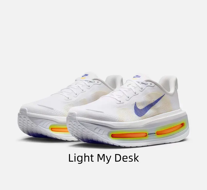 White Running Shoes with Purple Swoosh & Rainbow Gradient Air Cushion – Breathable Mesh Upper for Daily Walks or Gym Sessions