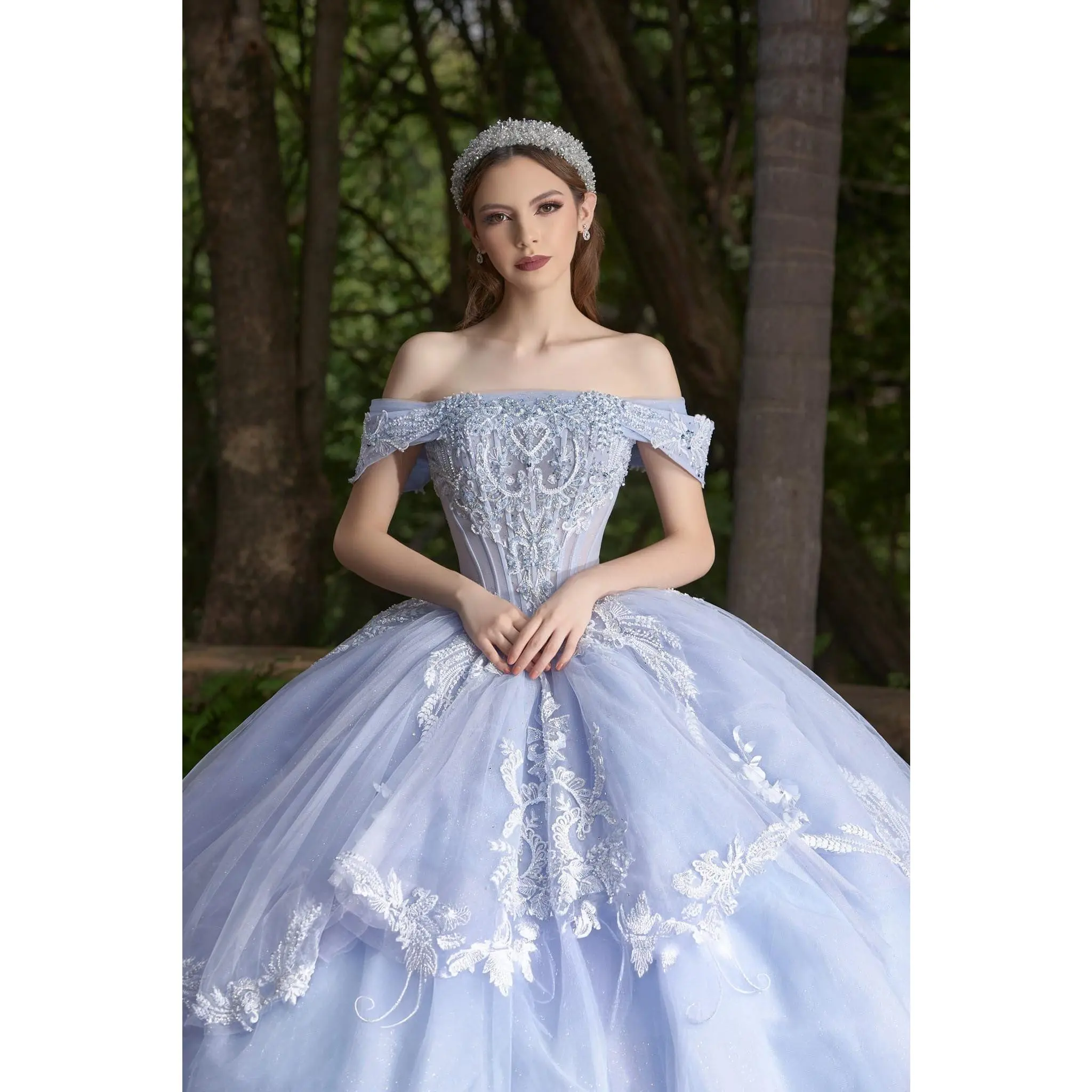 Shankara ENS8418 Women's Baby Blue Gown with Off-the-Shoulder Sleeves & Long Train for Special Events