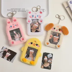 Cute Plush Animal Keychain Feature Card Holder, 3 Inch Instant Film Love Idol Small Card Protector, School ID Card Storage Organizer