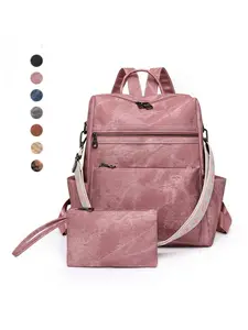 Vintage Leather Backpack Set, Ethnic Style Wide Shoulder Strap, Anti-Theft Design, Unisex Commuter Travel Bag, Includes Coin Purse