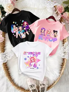 3pcs Summer Short Sleeve T-Shirts for Kids, Kpop Style, Multi-Colors, Cartoon Prints, Graphic Tees, Breathable, Comfortable, Trendy Fashion