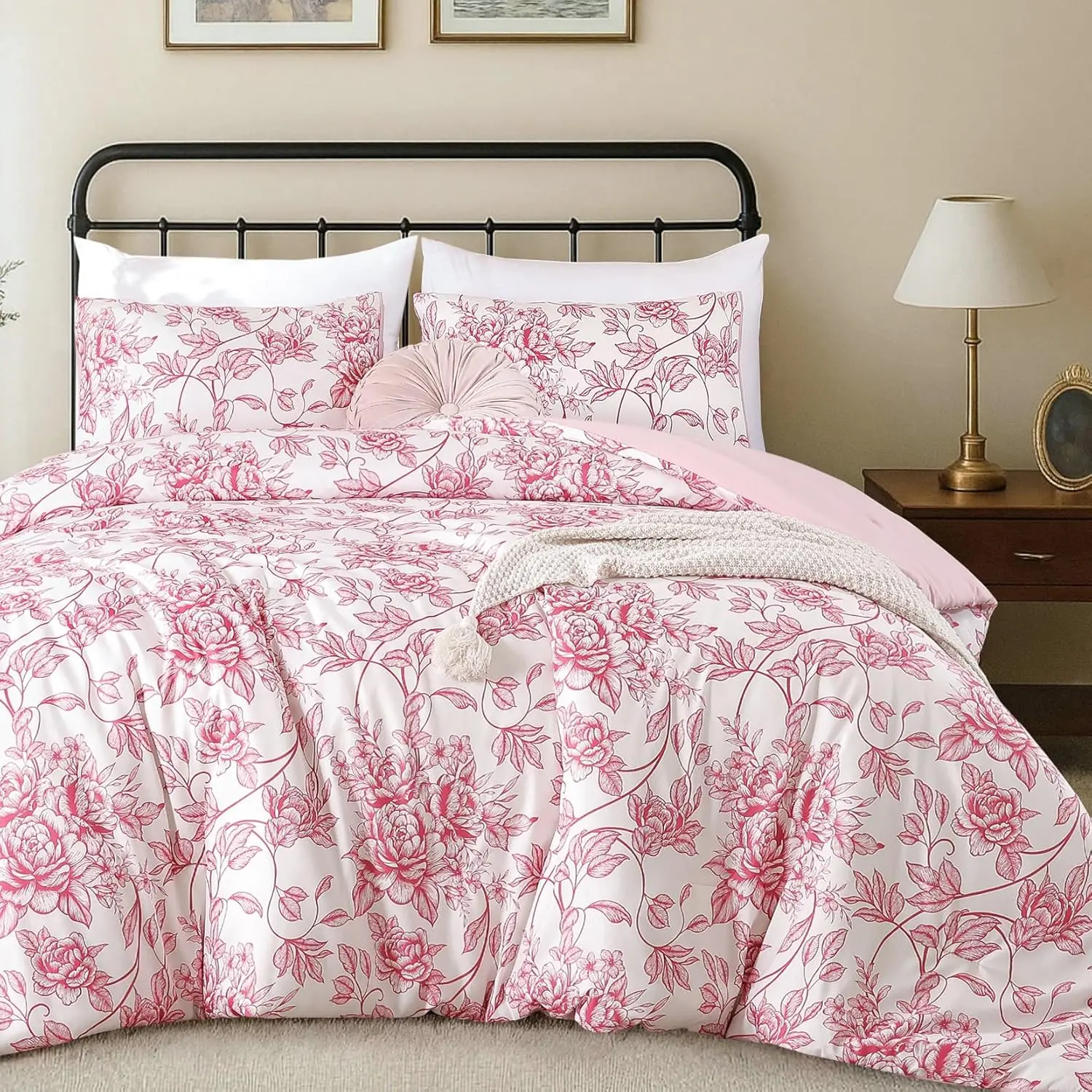 Queen Size Comforter Set - Pink Floral Comforter, 3-Piece Cute Floral Bedding for All, 1 Soft Breathable Microfiber Comforter Set with 2 Pillowcases