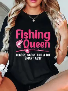100% Cotton Funny Fishing Queen Design For Women Ladies Fishing Lovers T-Shirt