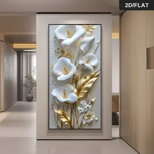 2D Flat, 2D Flat, Frameless Modern Abstract White Canvas Art - Large-Sized Wall Decoration Suitable for Living Rooms, Bedrooms Or Corridors, Elegant Golden Details, Textured Background, Perfect Modern Interior Decoration, Floral Decoration
