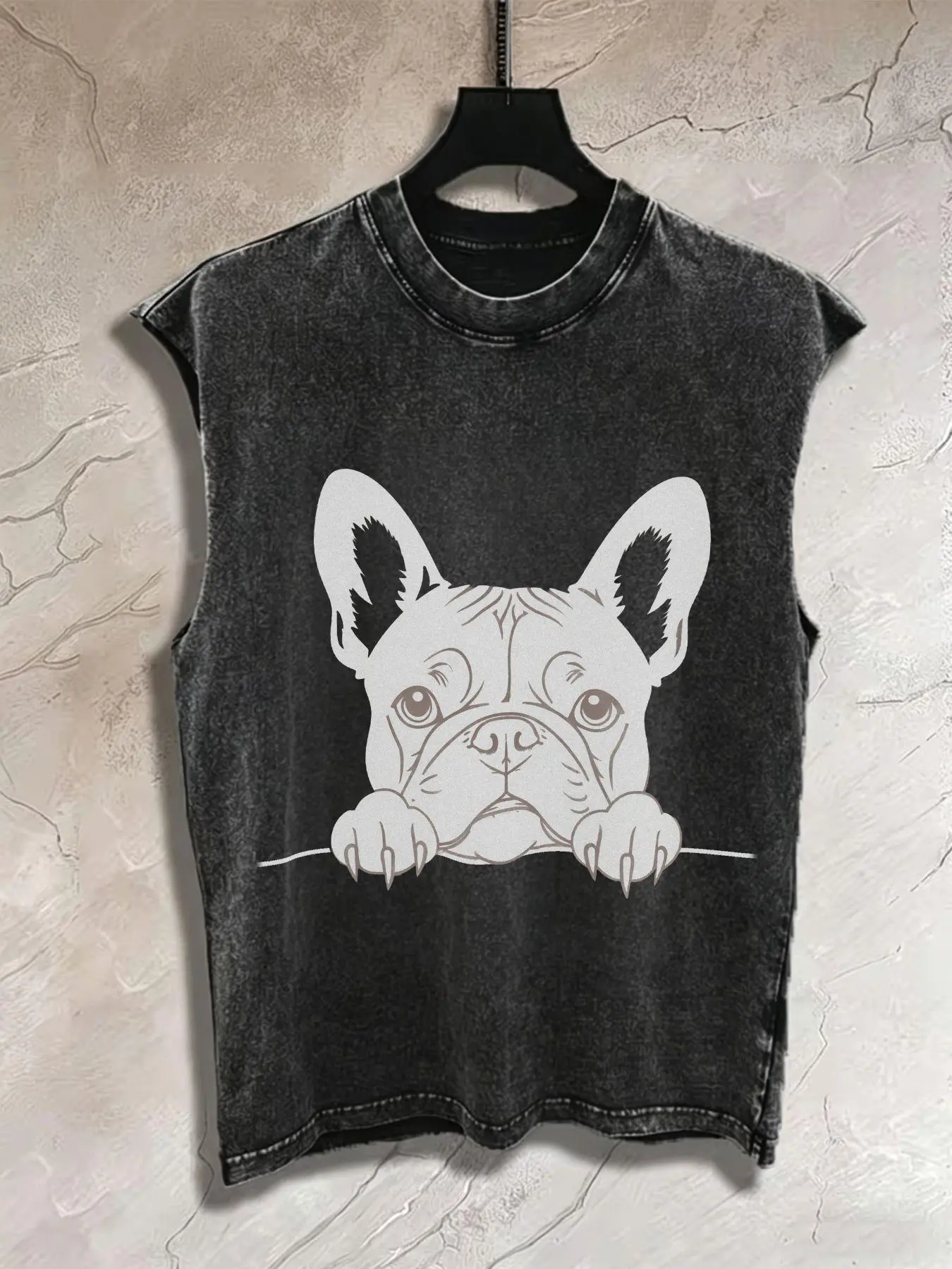 Vintage Acid Wash French Bulldog Graphic Tank Top for Men - 100% Cotton Sleeveless Tee, Soft Casual Summer Streetwear, Cool Cartoon Frenchie Print, Trendy Relaxed Fit, Perfect Gift for Dog Lovers