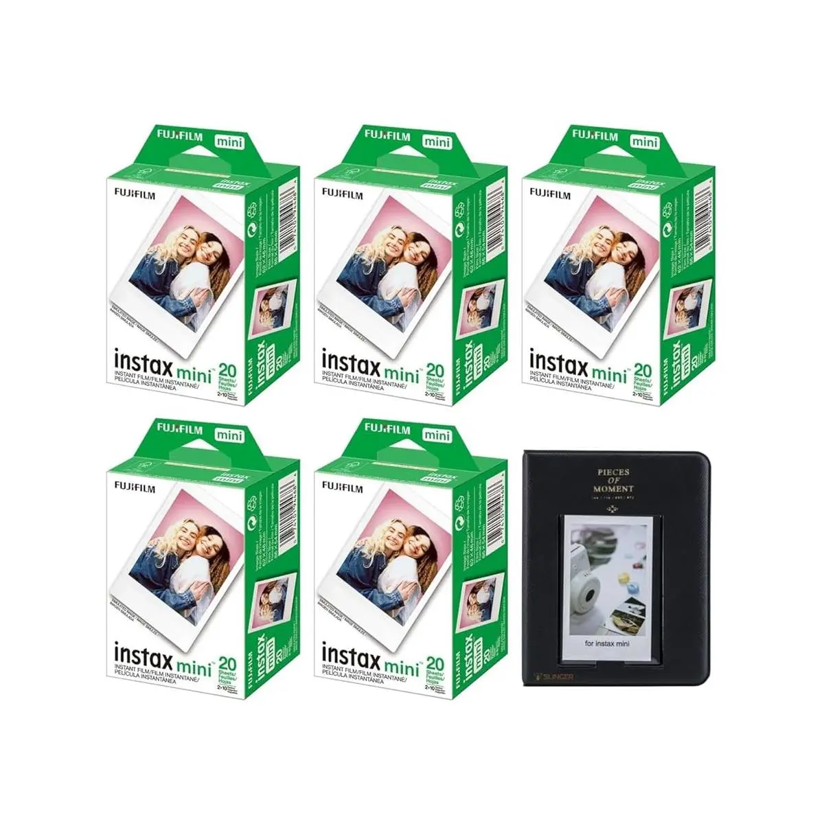 Fujifilm Instax Mini Instant Camera Film: 100 Shoots Total, (10 Sheets x 10) Bundle with Slinger 64 Pocket Mini Instax Photo Album, Black - Capture Memories Anytime, Anywhere