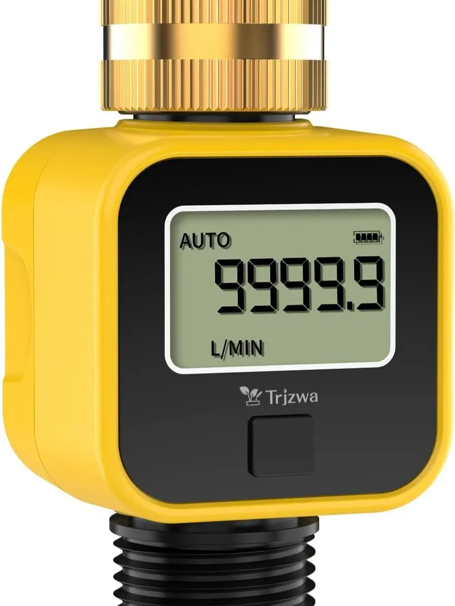 Water Flow Meter with Brass Inlet Metal Thread 3/4 Inch, Measure Gallon/Liter Consumption and Flow Rate for Outdoor Garden Hose Watering RV Water Tank Filling Lawn Sprinkler and Nozzle Sprayer, Lcd Screen, Abs