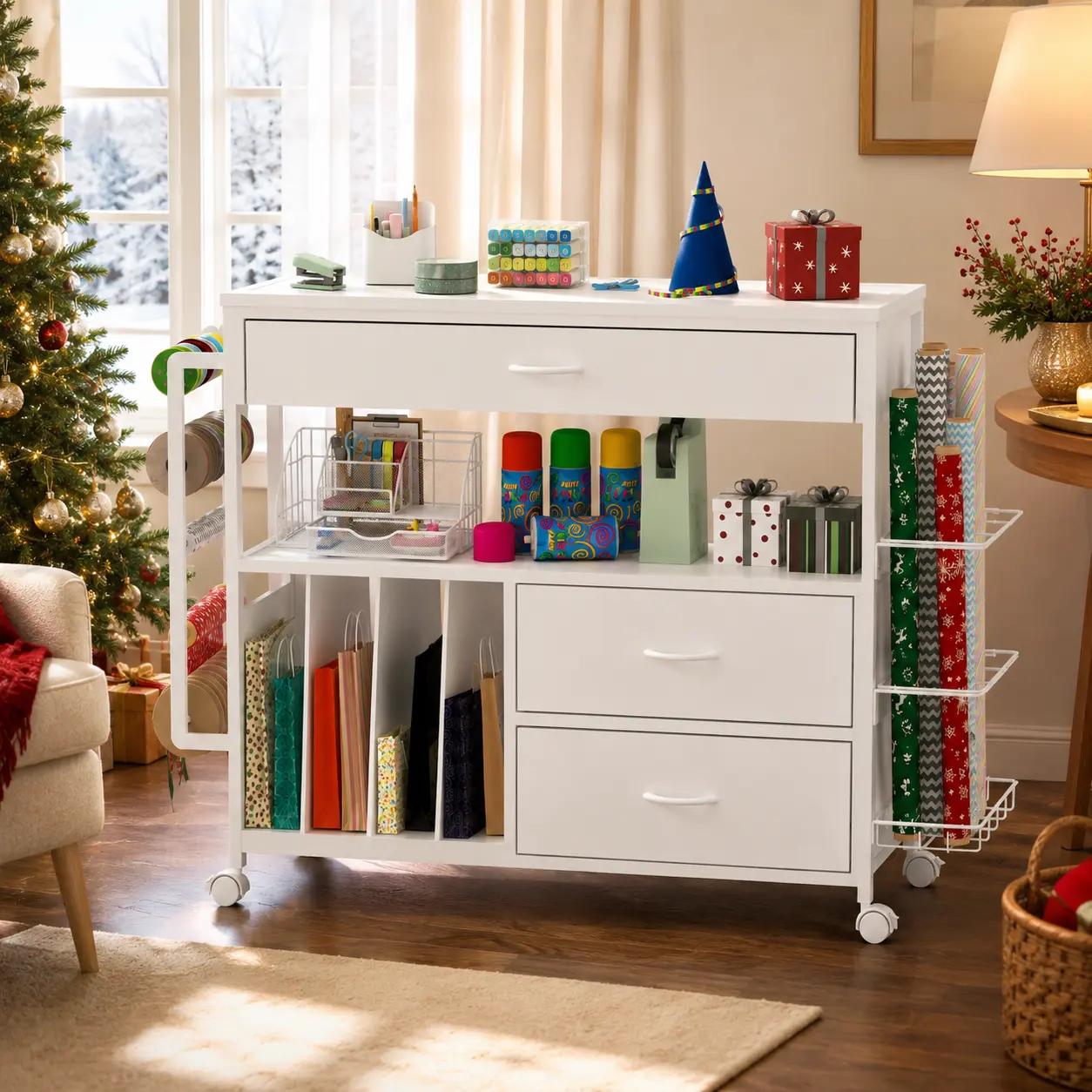 Rolling Gift Wrapping Storage Cart with 3 Drawers, Ribbon and Wrapping Paper Organizer Station, Mobile Craft Supply Cabinet with Open Shelves, Side Pegboard and Wheels for Christmas, Birthday, Holiday Gift Wrap, Art Supplies and Home Organization