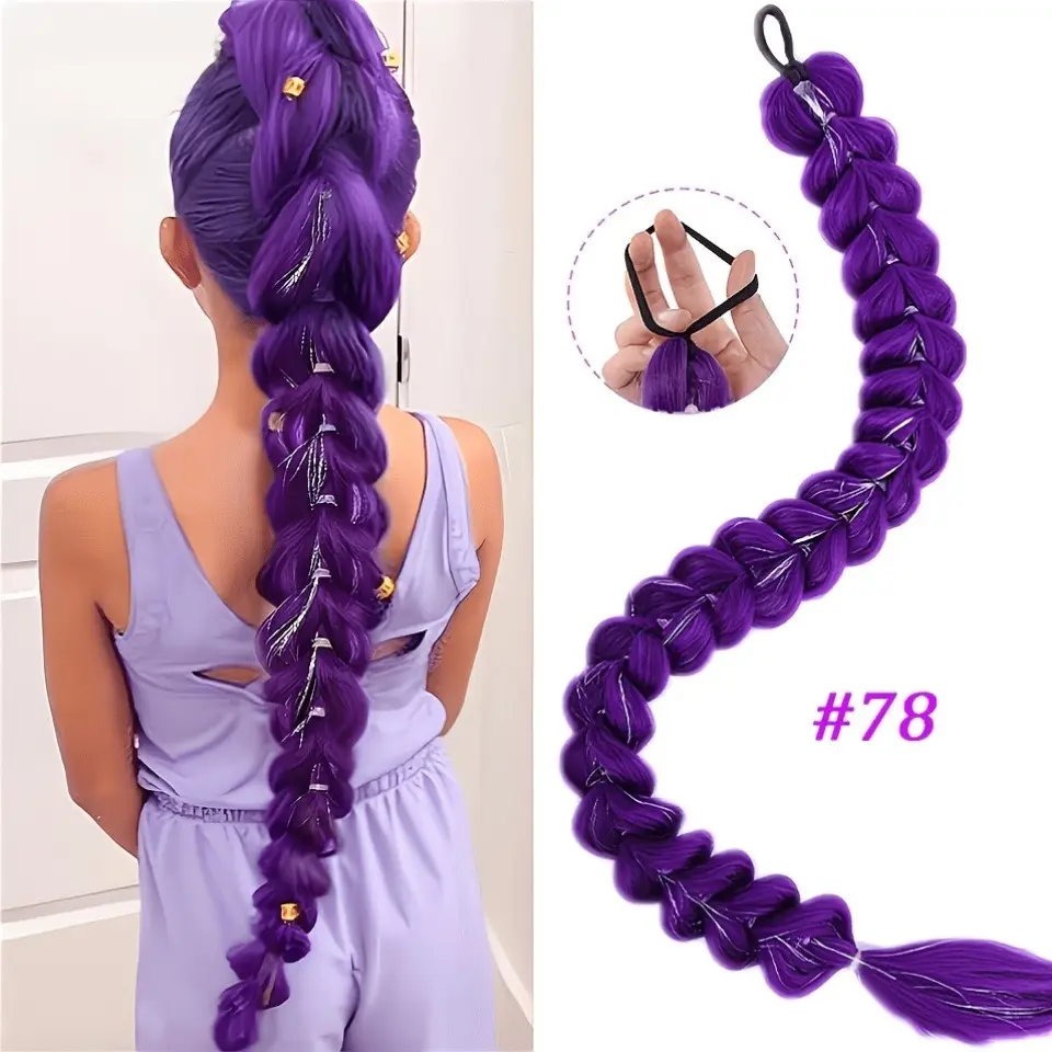 32 Inch Bubble Braid Ponytail Extension, Purple Glitter Synthetic Braided Hair Piece, Heat Resistant Fake Bubble Ponytail for Party Cosplay Styling