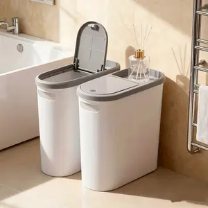 Large Capacity White And Gray Bathroom Bin with Lid And Handle - Stylish Push-Open Design, Perfect for Small Areas