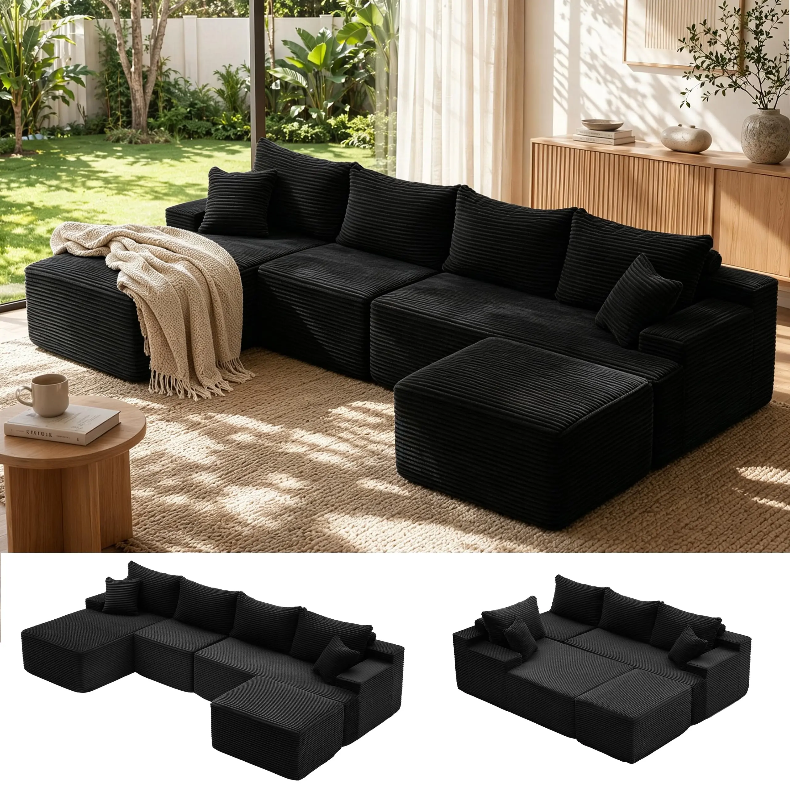 【1-2 Packages】118" U Shaped Boneless  Sectional Sofa bed with 2 Pillows, 6-Seater Oversized Modular Couch, Comfy Corduroy Cloud Sofa with Deep Seat, Fluffy Cozy Sofa for Living Room, No Assembly Required