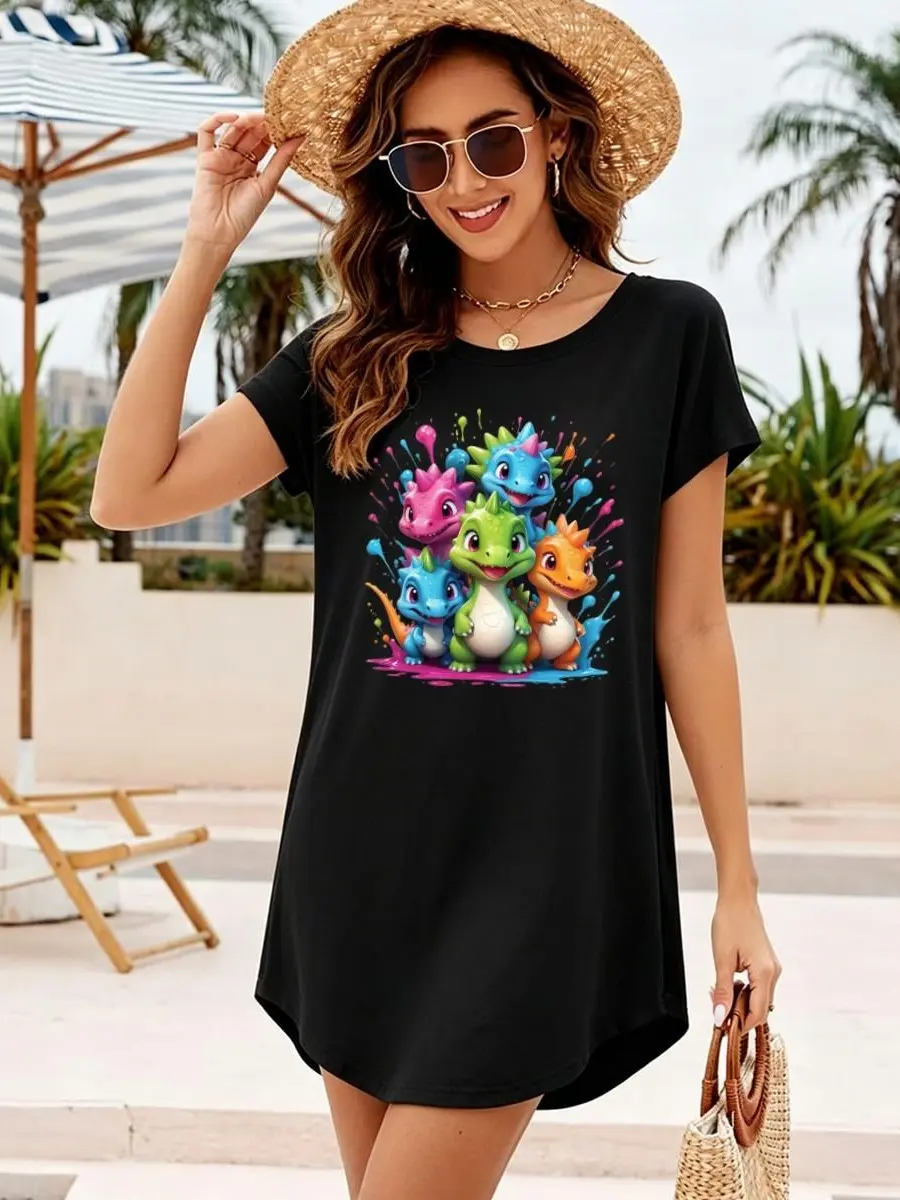 Women's Black T-Shirt Dress with Dinosaur Graphic Print - Casual Short Sleeve Crew Neck A-Line Tunic, Midi Length Curved Hem, Shortsleeve, Basic, Tunic Dress, Cartoon Style, Elastane, Fit, Smooth, Minimalist