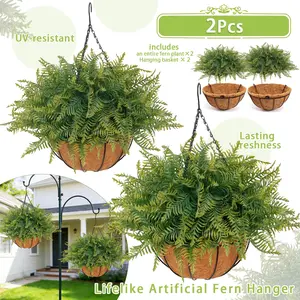 2 Set Artificial Hanging Fern Plants Outdoor Fake Hanging Ferns Planter, Includes Hanging Flower Basket And Artificial Fern, UV Resistant Faux Fern Plant Basket For Outdoors Patio Garden Home Decor summerwins