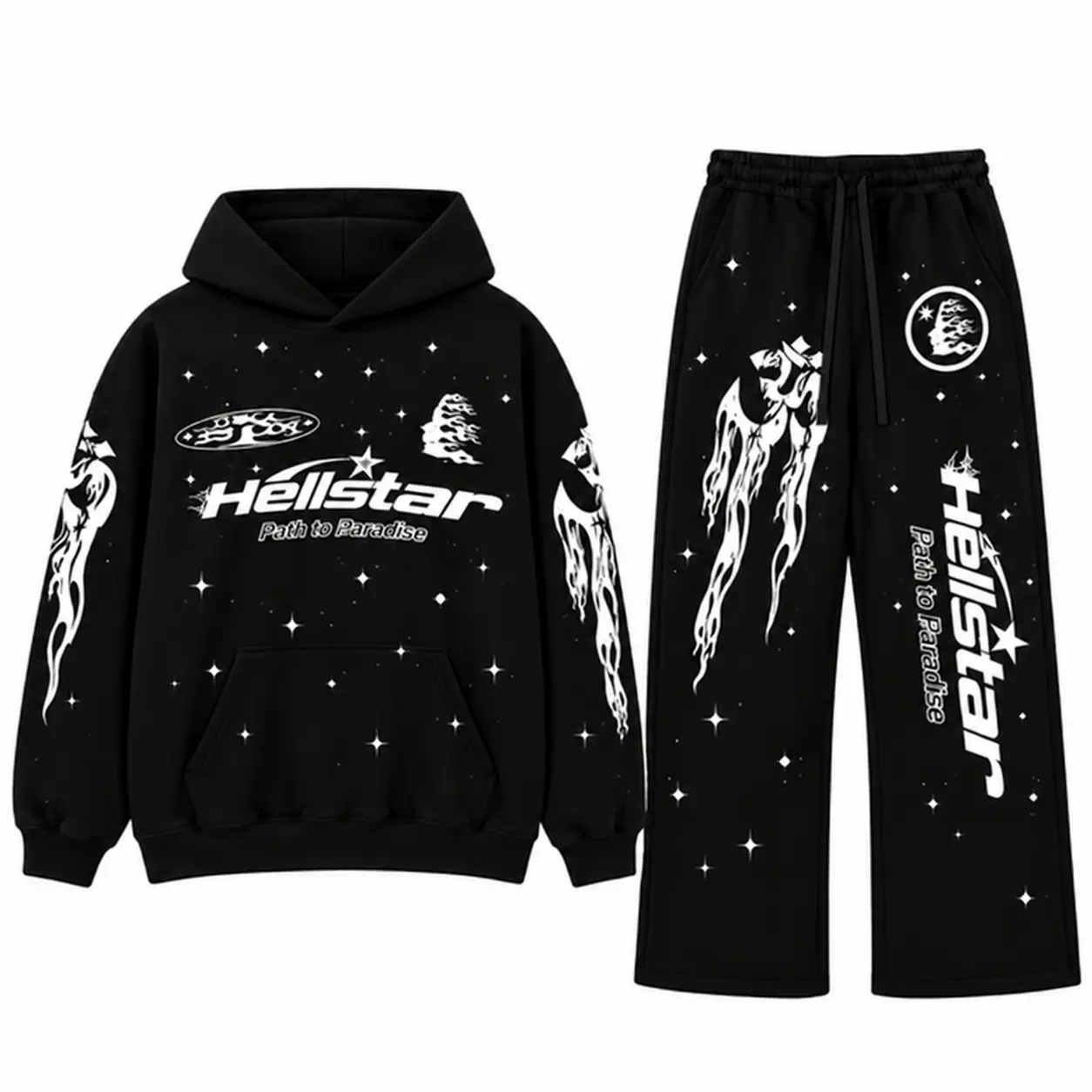 HellStar Star Graphic Hoodie and Sweatpants Y2K Streetwear Flame Print Baggy Wide Leg Pants Unisex Casual Fashion