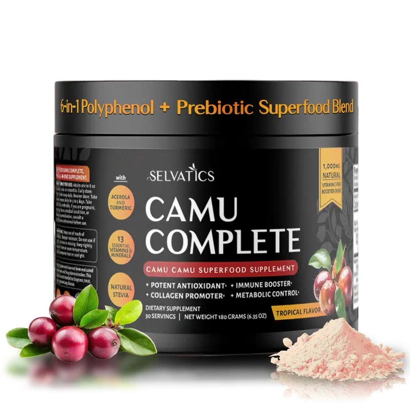 Selvatics CamuComplete™ 6-in-1 Polyphenol & Prebiotic Functional Superfood Supplement with whole fruit Camu Camu Acerola Turmeric 13 Vitamins Minerals for Daily Vitality, Cellular Detox, Immunity, Liver Gut Health, Collagen Promoter, Longevity.