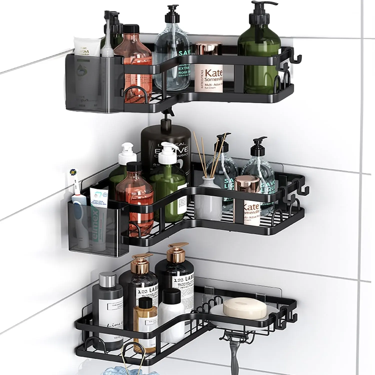 5 PCS Corner Shower Caddy, No Drilling Stainless Steel Shower Storage Rack with Hooks & Toothpaste Holder for Bathroom, Black,gifts