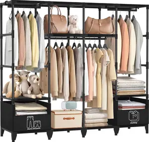 Portable Closet Sturdy Stable Large Capacity Wardrobe, Clothes Rack with Shelves, 2 Folding Areas, 6 Storage Areas, 4 Hanging Areas, Suitable for Bedroom and Dormitory, 66.5in Black