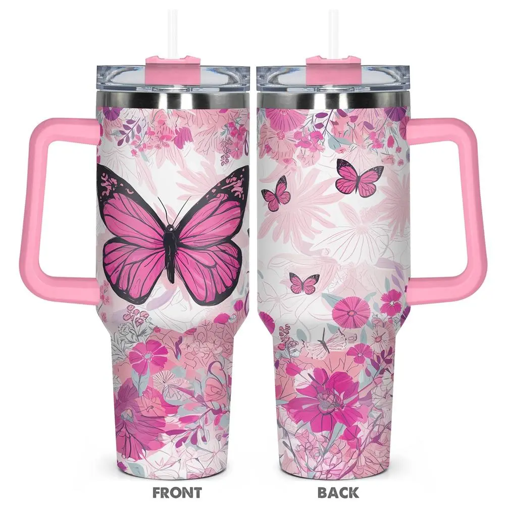 Floral & Butterfly Pattern Tumbler,  1 Count 40oz Stainless Steel Insulated and Durable Water Bottle with Lid, Insulated Travel Drinkware, Birthday Gift for Friend