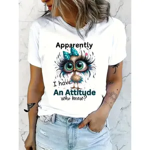 [Sassy T-Shirt] Sassy Graphic Women's Casual T-Shirt | "Apparently I Have an Attitude" Rooster Design with Teal Bow & Paint Splatter Art, Soft Stretch Round Neck, Machine Washable All-Season Top, Humorous Clothing, Playful Design, Medium Elasticity