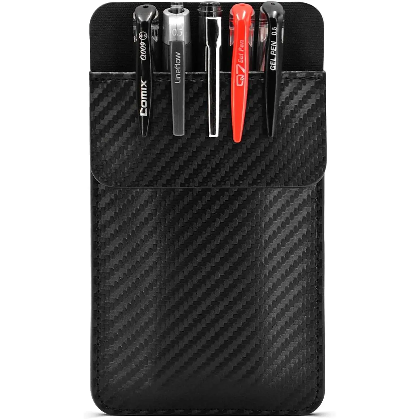 Leather pocket protector for men — multi‑purpose pocket pen holder with carbon fiber pattern for shirts and lab coats; holds pens and other work tools