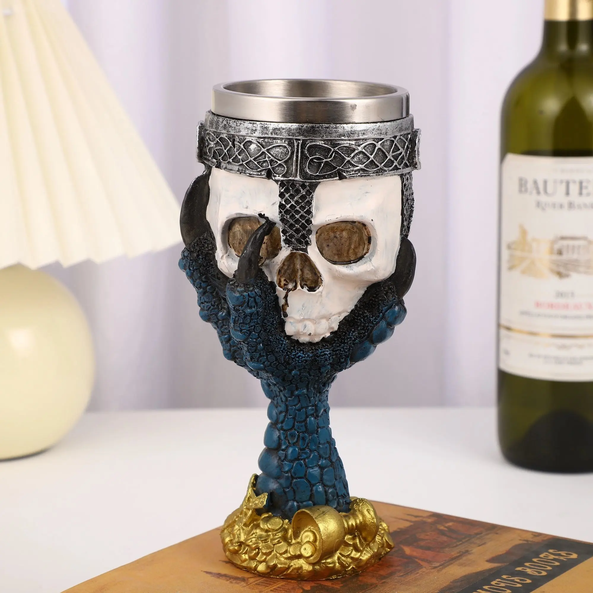 Resin Skull Head Cup, Unique Skeleton Wine Glass, Personality Tableware Decor, Stainless Steel Interior Wine Glass, Drinkware